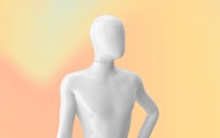 a white mannequin standing in front of a yellow background
